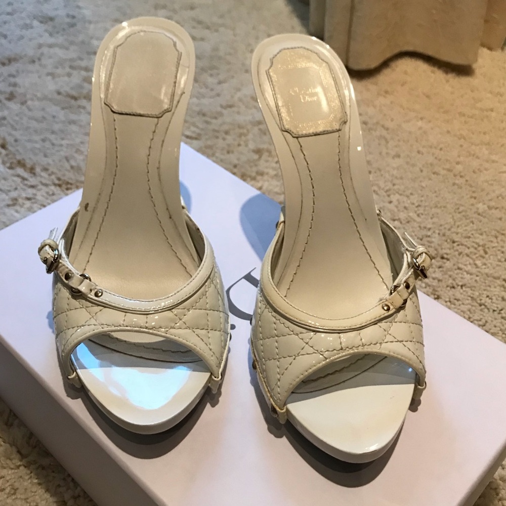 Dior White Patent Leather Buckle Peeptoe Slides
